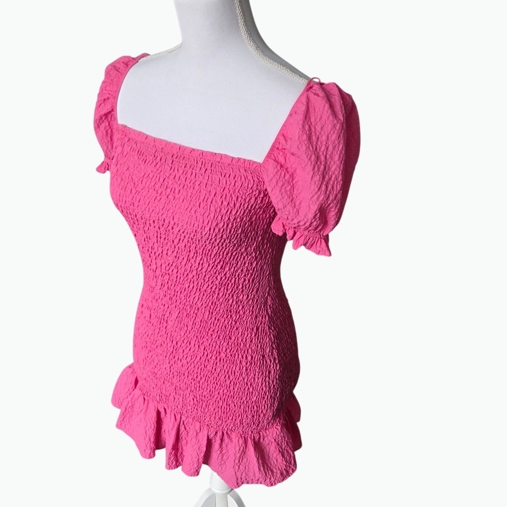 Zara Smocked Ruffle Mini Dress Pink XSmall - Picture 4 of 6